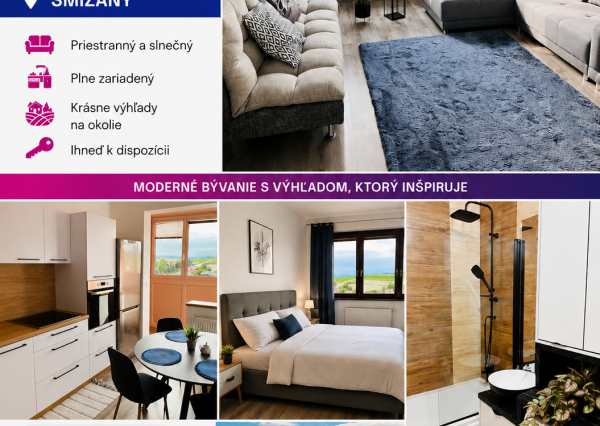 NA PRENÁJOM KOMPLETNE ZARIADENÝ 3-IZBOVÝ BYT 74 m² SO ZASKLENOU LODŽIOU – SMIŽANY