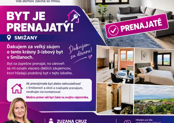 SMIŽANY KOMPLETNE ZARIADENÝ 3-IZBOVÝ BYT 74 m² NA PRENÁJOM